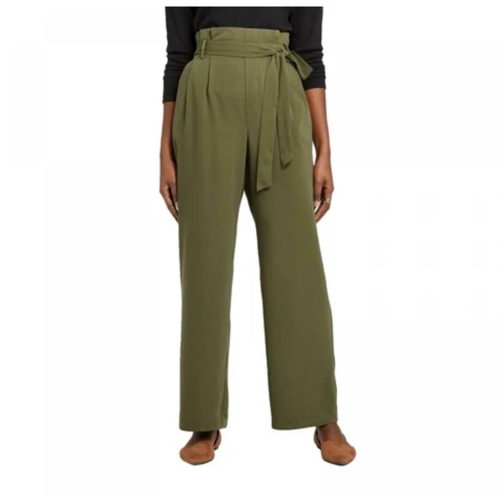 A New Day Olive Green Paperbag Waist Wide Leg Tie Front Trousers XL NWT